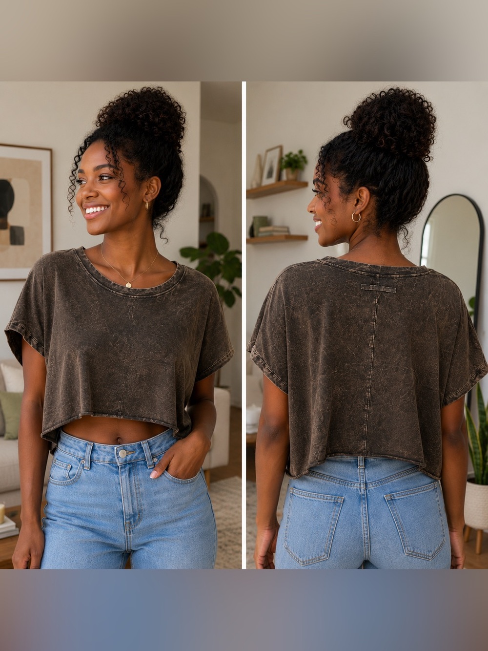 🆕 Brown Mineral Wash Oversized Crop Tee One Size 100% Cotton Relaxed Summer Top🔥